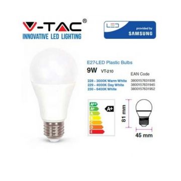 VT-210 9W A58 PLASTIC BULB WITH SAMSUNG CHIP COLORCODE:3000K E27